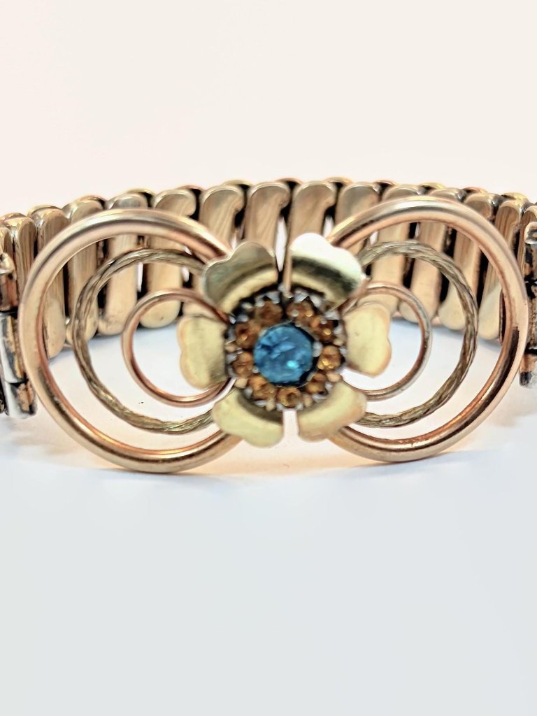 Vintage Gold Filled Expansion Bracelet, Teal Rhinestone Flower, Sweetheart